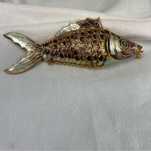 Vintage Cloisonné Enamel Articulated Koi Fish Pendant / Ornament 4.5” Purple